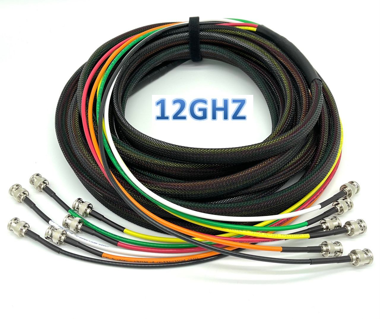 Professional 12G UHD-SDI BNC snake cable assembly featuring color-coded Belden 4855R coaxial cables for broadcast, production, and live event systems.