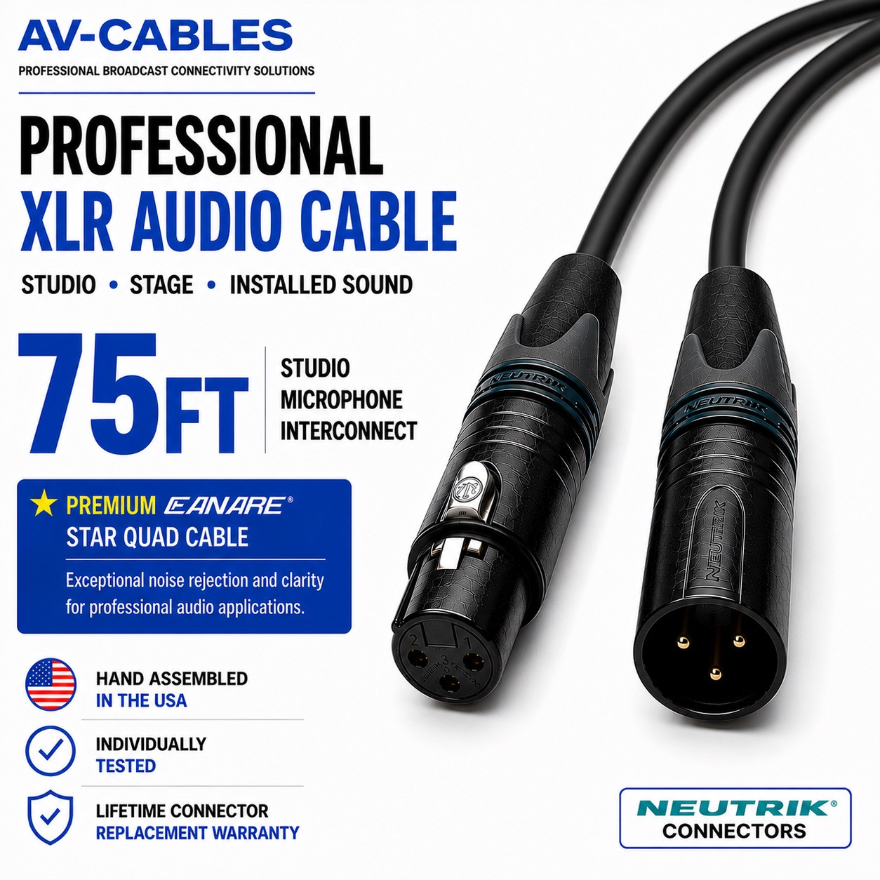 75ft Star Quad XLR microphone cable with Canare L-4E6S and black 3-pin XLR connectors