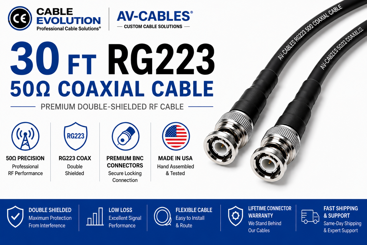30ft RG-223 BNC Cable - 50 Ohm, Dual Shielded Coaxial Patch Cord