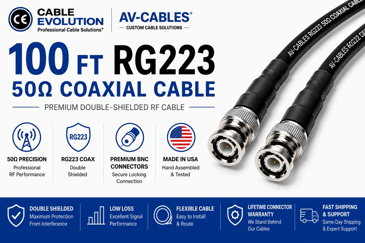 100ft RG-223 50-ohm dual-shielded BNC male-to-male cable
