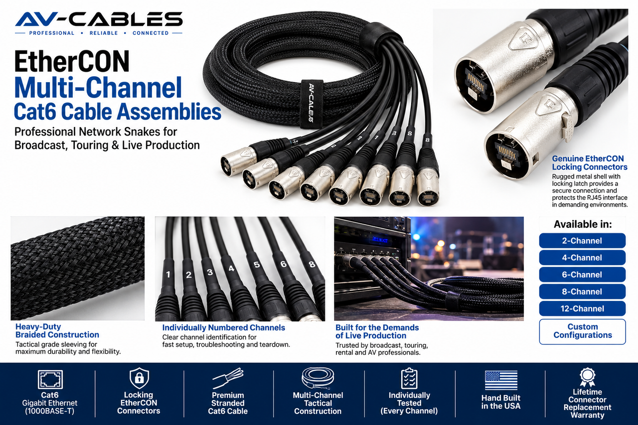 EtherCON Multi-Channel Cat6 tactical cable assembly with locking EtherCON connectors for broadcast, touring, and professional AV networks
