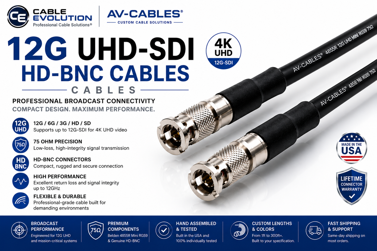 AV-Cables 12G HD SDI 4K High Density BNC to High Density BNC - 4855R Mini RG59 Cable (SDI-12G-HDBNC-HDBNC)