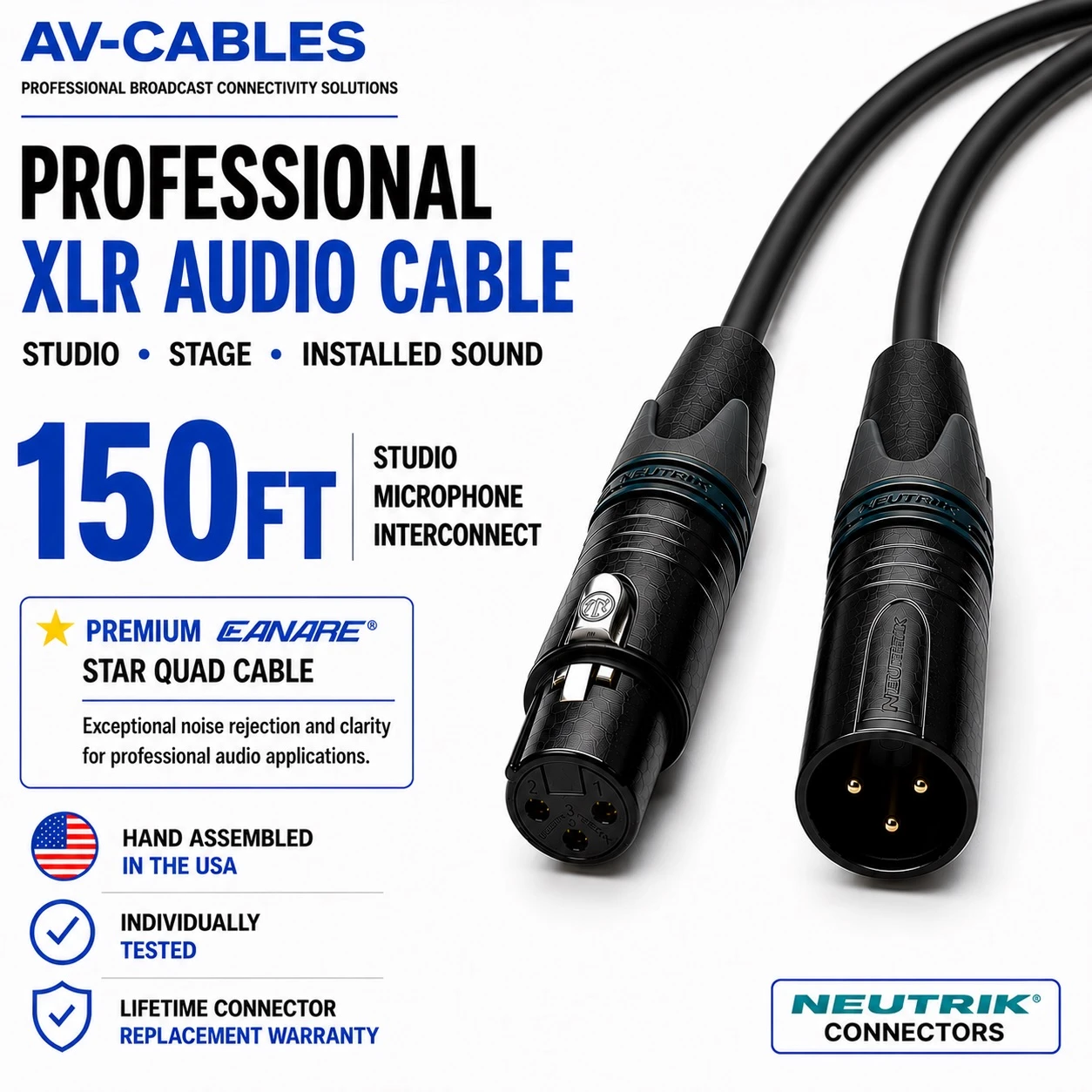 150ft Star Quad XLR microphone cable with Canare L-4E6S and black 3-pin XLR connectors