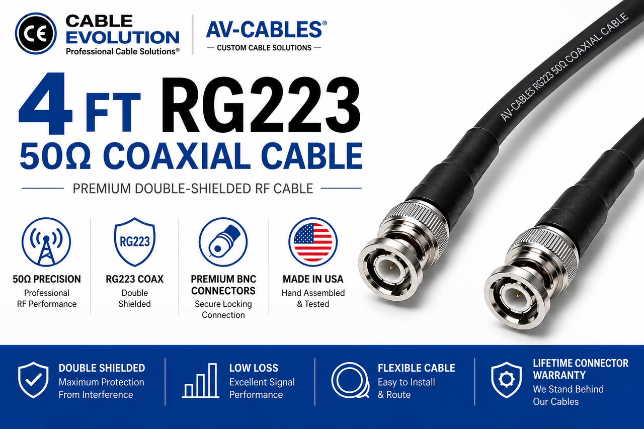 4ft RG-223 coaxial cable with BNC connectors for professional RF signal transmissionsignal transmission