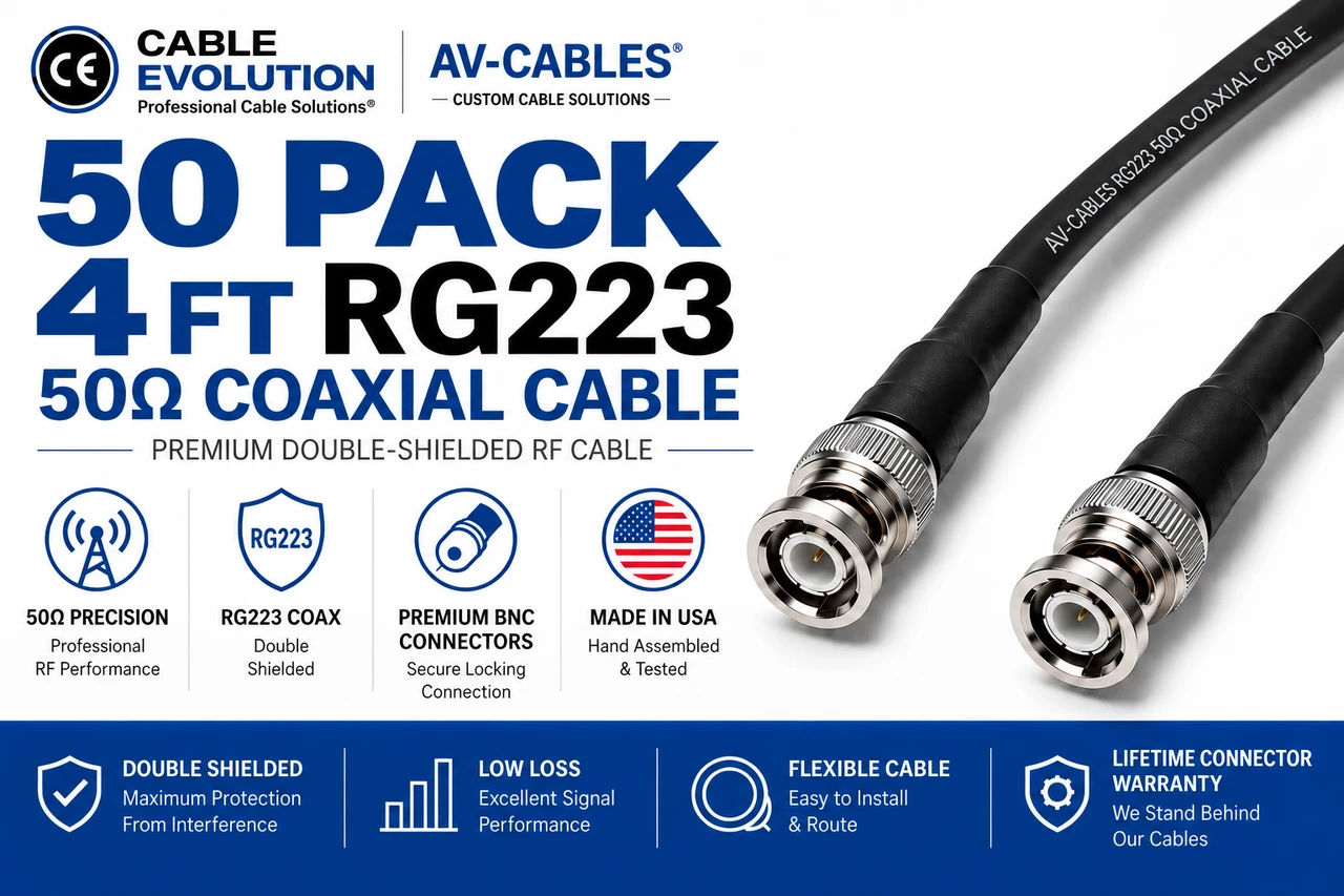 50 Pack 4ft RG-223 coaxial cable with BNC connectors for professional audio video signal transmission