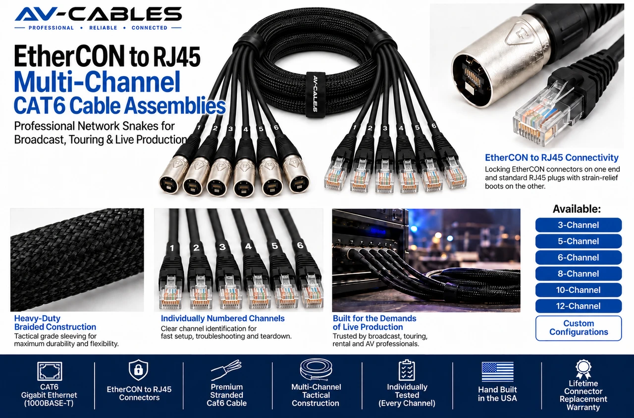 Multi-channel CAT6 RJ45 to EtherCON network snake cable with numbered channels and braided sleeving