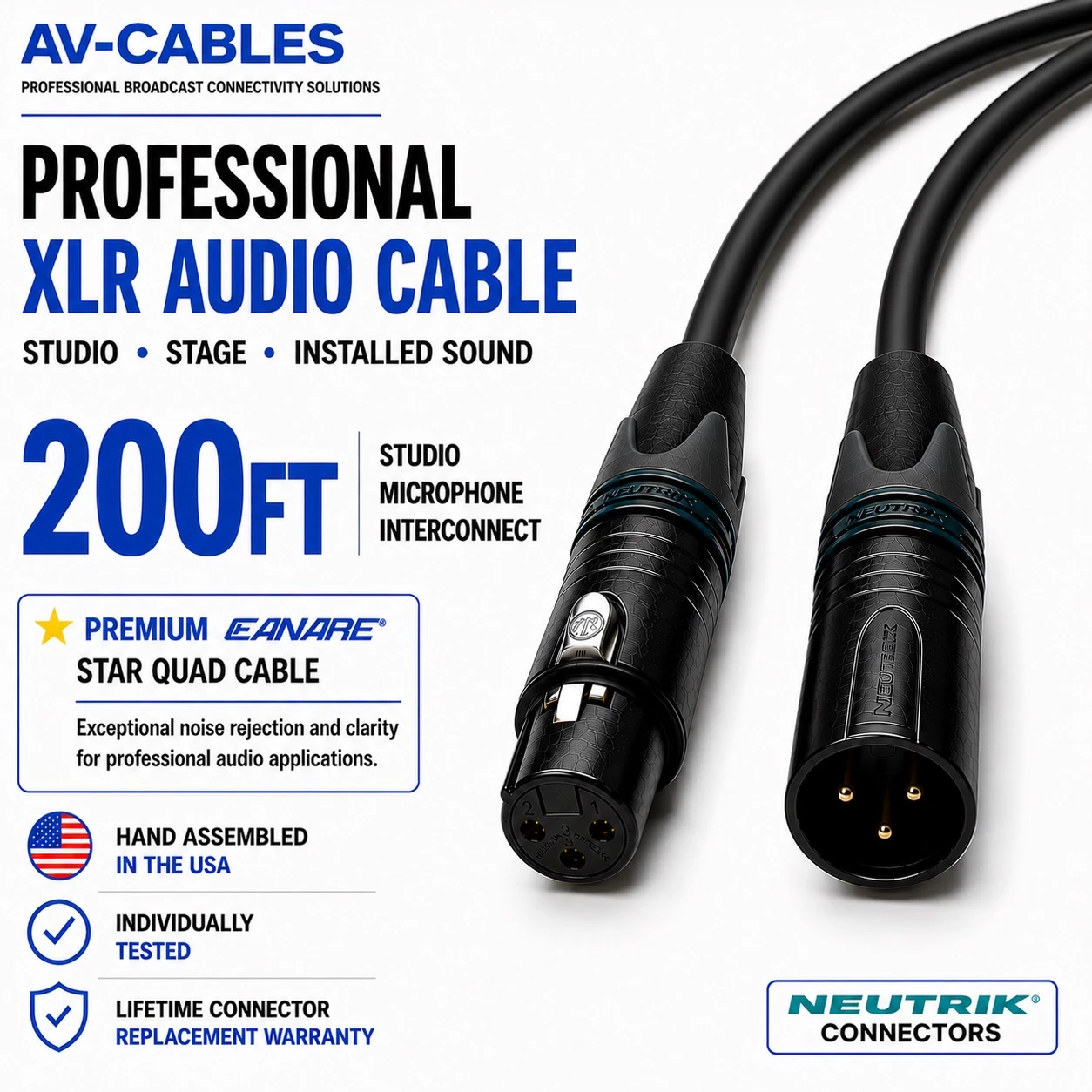 200ft Star Quad XLR microphone cable with Canare L-4E6S and black 3-pin XLR connectors