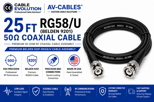 25ft Precision 50 ohm RG58/U BNC Cables - Belden 9201