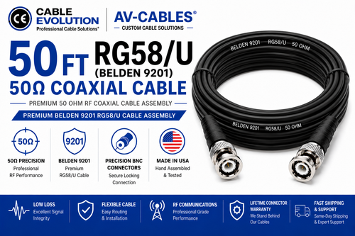 50ft Precision 50 ohm RG58/U BNC Cables - Belden 9201