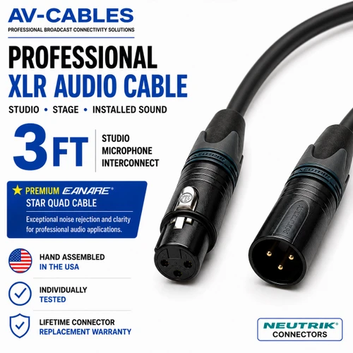 3ft Star Quad XLR microphone cable with Canare L-4E6S cable and black 3-pin XLR connectors