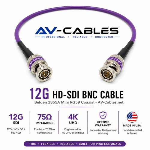 Belden 4855R 12G UHD 4K HD-SDI BNC cable with professional 75-ohm broadcast connectors.