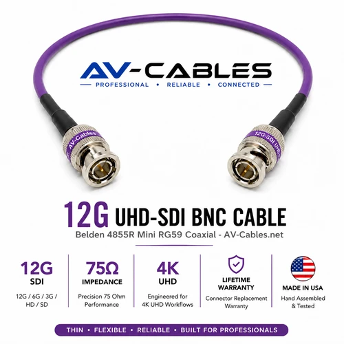 Belden 4855R 12G UHD 4K HD-SDI BNC cable with professional 75-ohm broadcast connectors.