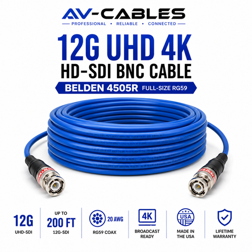 Belden 4505R 12G UHD 4K HD-SDI BNC cable with professional 75-ohm connectors for broadcast and video production applications.