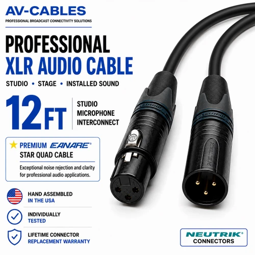 12ft Star Quad XLR microphone cable with Canare L-4E6S and black 3-pin XLR connectors