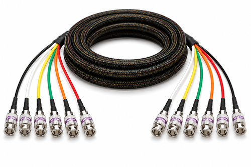 Cable Evolution custom 12G HD-SDI BNC snake cable with premium BNC connectors, multi-channel color coding, and braided protective sleeving for broadcast installations.