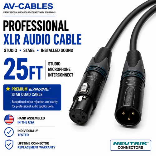 25ft Star Quad XLR microphone cable with Canare L-4E6S and black 3-pin XLR connectors