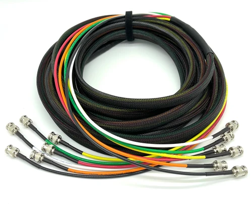 Custom Channel 6G HD-SDI BNC snake cable with flexible black nylon sleeving