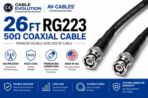 26ft RG-223 50-ohm dual-shielded BNC male-to-male RF coaxial cable