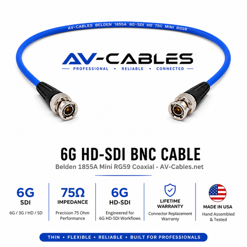 Belden 1855A 6G HD-SDI BNC cable built with Mini RG59 broadcast coax and genuine Kings 75 Ohm BNC connectors