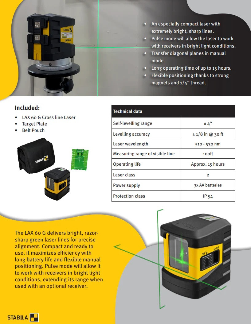 STABILA 03280 Cross line laser LAX 60 G, 3-piece set | FastoolNow.com
