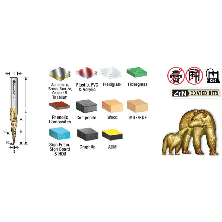 Amana 46284 CNC 2D/3D Carving 1 Deg Tapered Angle Ball Nose x 1/8