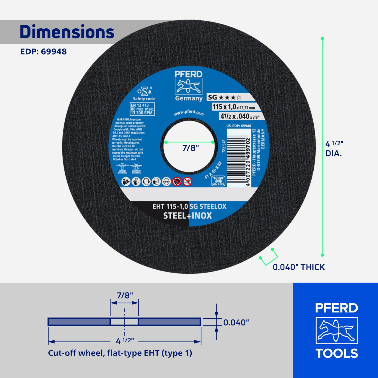 Pferd 69949 disco piatto, tipo 1, ossido di alluminio a, 4 – 1/5,1 cm diametro x .045 Spessore, foro 7/20,3 cm, 13300 max rpm (confezione da 25