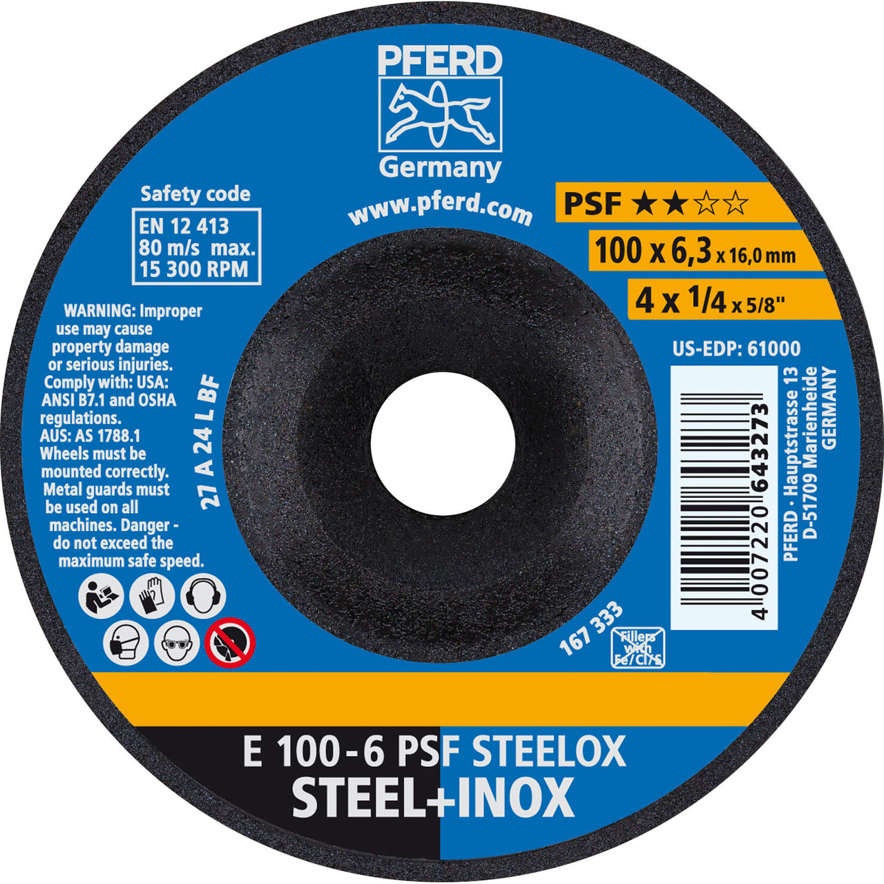 PFERD 61000 4 x 1/4 Grinding Wheel, 5/8 AH A 24 L PSF-INOX - Type 27