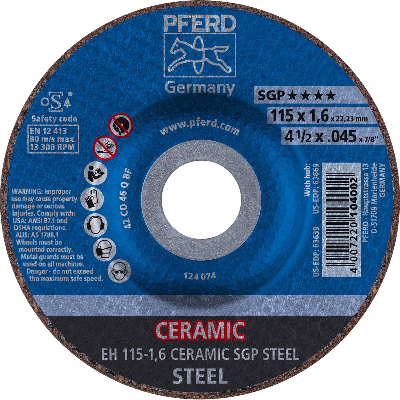 PFERD 63639 4-1/2'' x .045'' Cut-Off Wheel, 7/8'' A.H. CERAMIC SGP