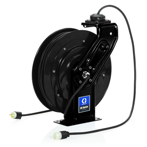 GRACO 24Y861 - 120V Powercord Reel - Single Industrial Receptacle - 50 ft, 16/3, 13A, Black