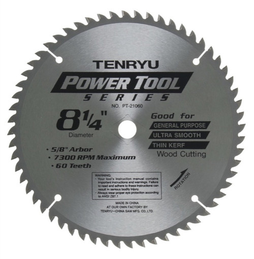 Tenryu PT-21060 8-1/4" Wood Blade 60T 5/8"Ko Arbor, 0.079 Kerf, 7300 Rpm