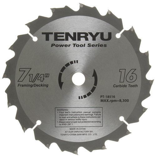 Tenryu PT-18516B 7-1/4" Wood Blade 16T 5/8"Ko Arbor 0.073 Kerf 8300Rpm, Circular