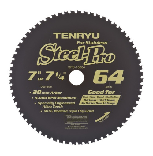 Tenryu SPS-18064 7" Stainless Steel Blade 64T 20mm Arbor .063" Kerf 4000Rpm, Circular