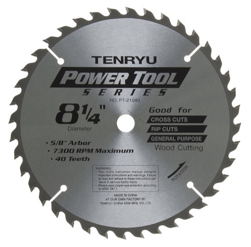 Tenryu PT-21040 8-1/4 x 40 T PT Series Carbide Tipped Blade, 5/8 Arbor, 7300 RPM