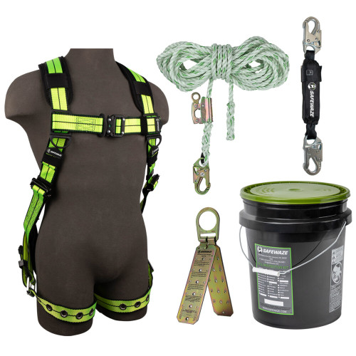 Safewaze FS155-S/M PRO+ Bucket Roof Kit: FS-FLEX185-S/M Harness, FS700-50GA VLL, FS8800SP-H Absorber, FS870 Anchor