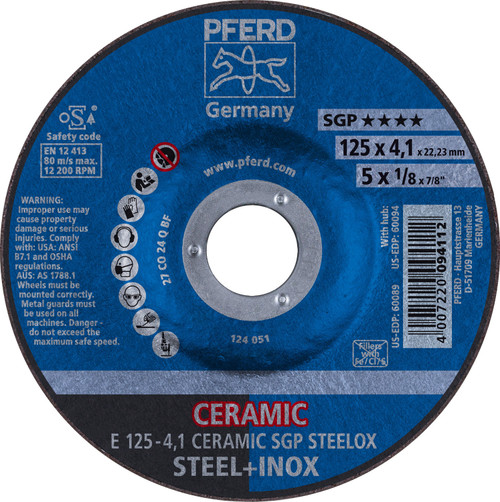 PFERD 60089 5" x 1/8 Grinding Wheel, 7/8" A.H. CERAMIC SGP STEELOX - Type 27