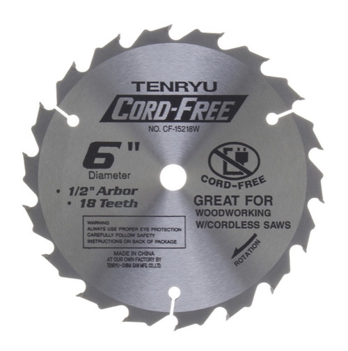 Tenryu CF-15218W 6" Wood Blade 18T 1/2" Arbor, 0.063 Kerf, 2600 Rpm, Cordless