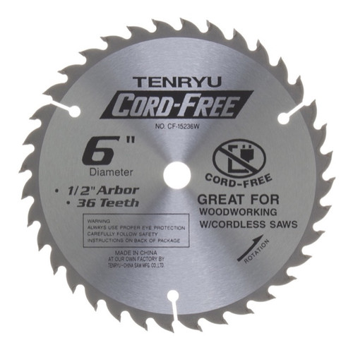 Tenryu CF-15236W 6" Wood Blade 36T 1/2" Arbor, 0.063 Kerf, 2600 Rpm, Cordless
