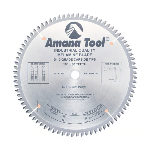 Amana MB10800 Carbide Tipped Double-Face Melamine 10" D x 80T H-ATB, -6 Deg, 5/8 Bore, Circular Saw Blade