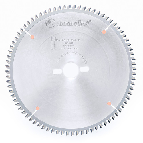 Amana LB10801-30 Carbide Tipped Non-Melt Plastic 10" D x 80T M-TCG, -2 Deg, 30MM Bore, Circular Saw Blade