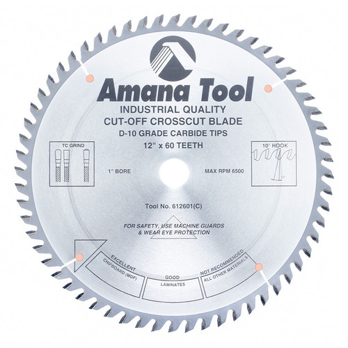 Amana 612601 Carbide Tipped General Purpose 12" D x 60T TCG, 10 Deg, 1" Bore, Circular Saw Blade