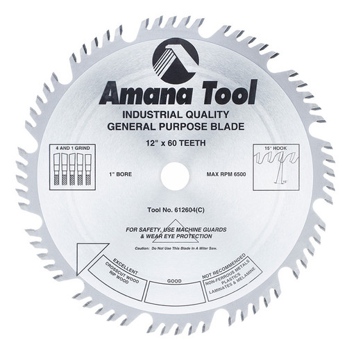 Amana 612604 Carbide Tipped Combination Ripping and Crosscut 12" D x 60T 4+1, 15 Deg, 1" Bore, Circular Saw Blade