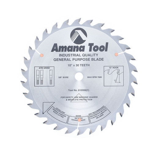 Amana 610300 Carbide Tipped General Purpose 10" D x 30T ATB, 15 Deg, 5/8 Bore, Circular Saw Blade