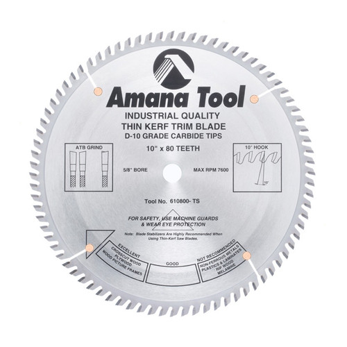 Amana 610800-TS Carbide Tipped Thin Kerf Miter 10" D x 80T ATB, 10 Deg, 5/8 Bore, Circular Saw Blade