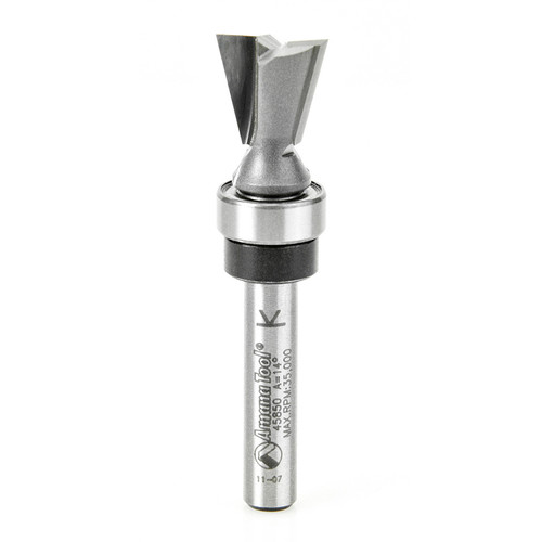 Amana 45850 Carbide Tipped Dovetail 14 Deg x 1/2 D x 1/2 CH x 1/4" Shank w/ Upper Ball Bearing Router Bit