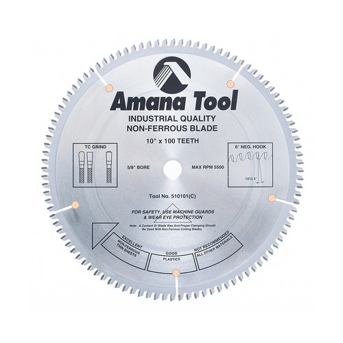 Amana 510101 Carbide Tipped Aluminum and Non-Ferrous Metals 10" D x 100T TCG, -6 Deg, 5/8 Bore, Circular Saw Blade