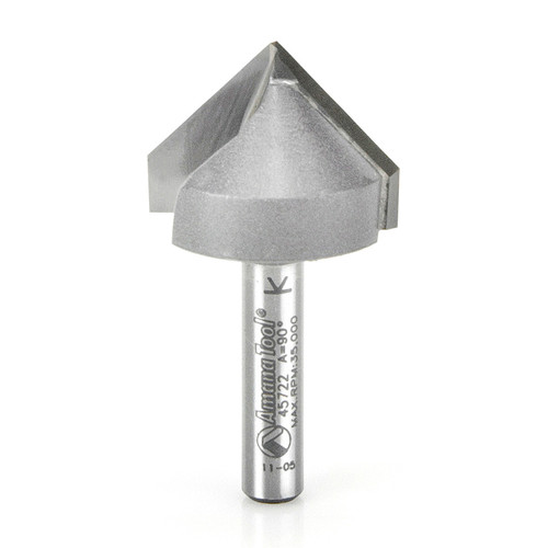 Amana 45722 Carbide Tipped V Groove 90 Deg x 1" D x 3/4 CH x 1/4 Shank Router Bit