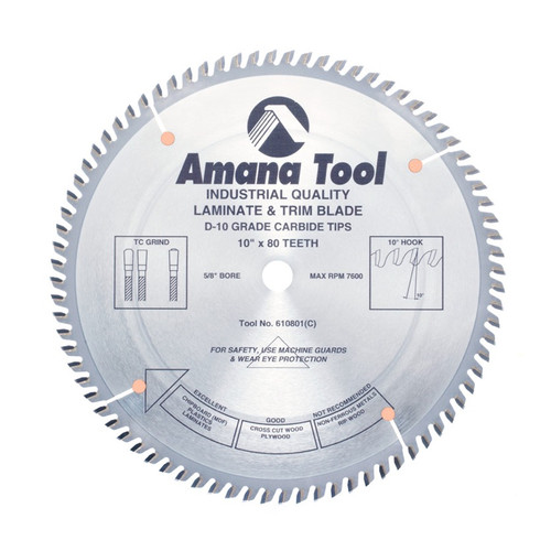 Amana 610801 Carbide Tipped Fine Cut-Off and Crosscut 10" D x 80T TCG, 10 Deg, 5/8 Bore, Circular Saw Blade