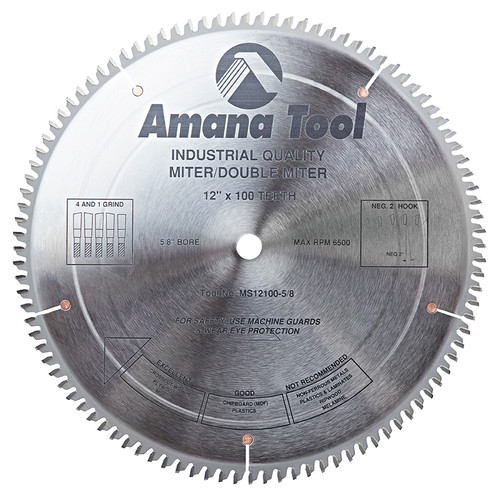 Amana MS12100-5/8 Carbide Tipped Miter 12" D x 100T 4+1 ATB, -2 Deg, 5/8 Bore, Circular Saw Blade