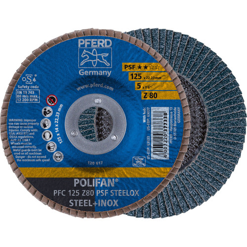 PFERD 63033 5" x 7/8" POLIFAN Flap Disc - Conical PSF Zirconia 80G
