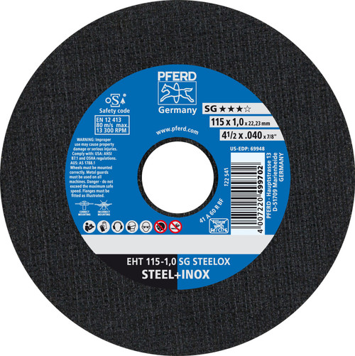 PFERD 69948  - 4-1/2" x .040" Cut-Off Wheel 7/8" AH A R SG INOX 60G Type 1